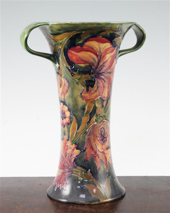 A William Moorcroft Spanish pattern tall two handled vase, c.1917, 27cm, section of foot restored